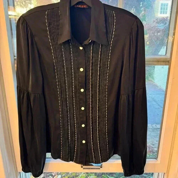 Barami Black & White SILK Pleated Button Down Top with puff long sleeves Size M - Picture 3 of 8